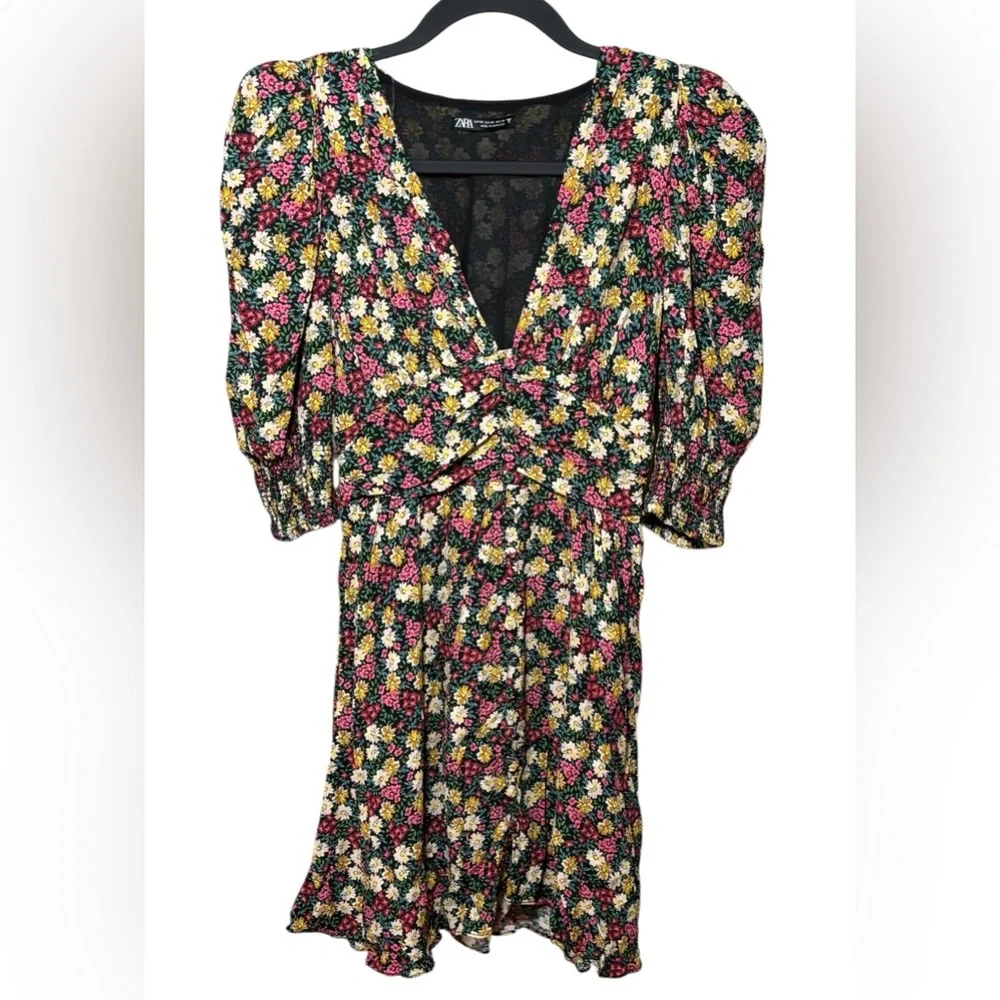 Zara Floral V-Neck Mini Dress Blogger Favorite Metallic XS Cottagecore - Picture 4 of 13